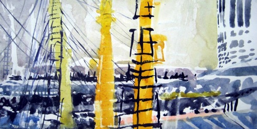 Ships and Masts, South St Seaport (sold); 
Watercolor and Oil Pastel, 2011; 
6 x 11.5 in